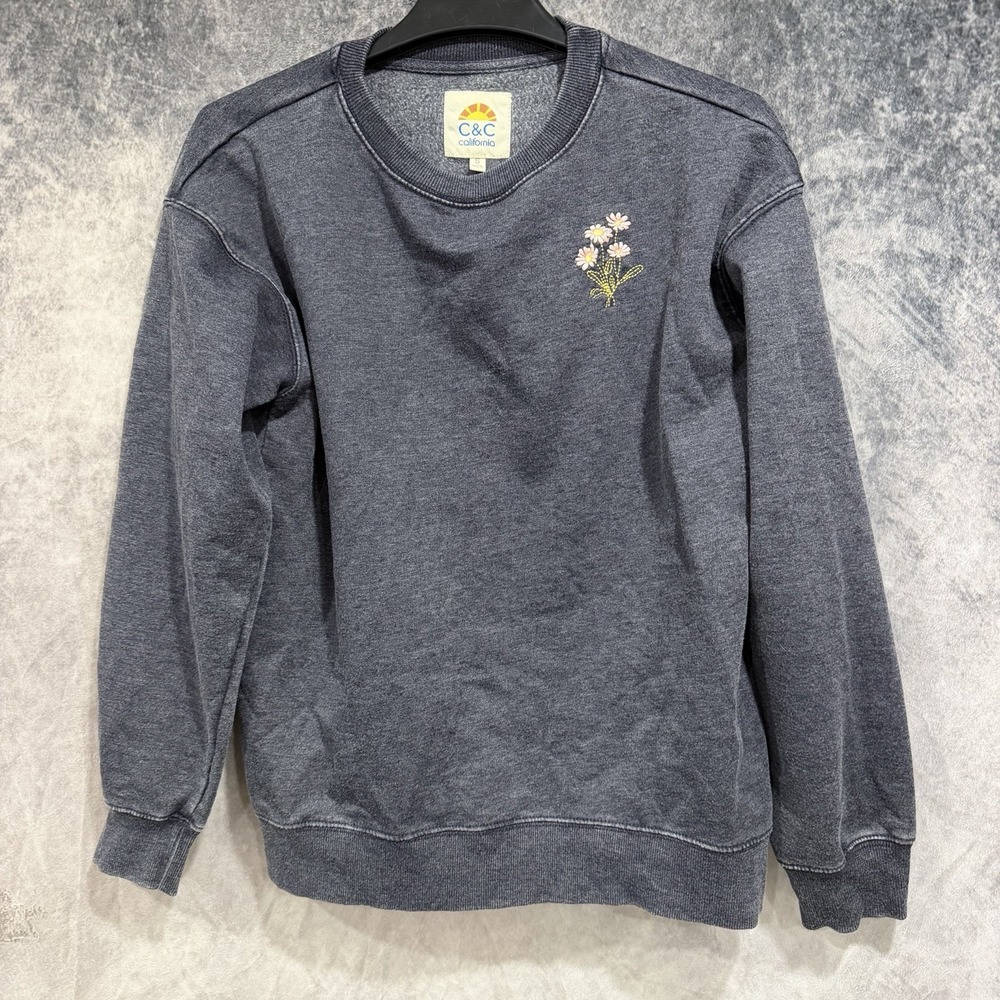 C&C California Women's Small Charcoal Floral Embroidered Crewneck Sweatshirt